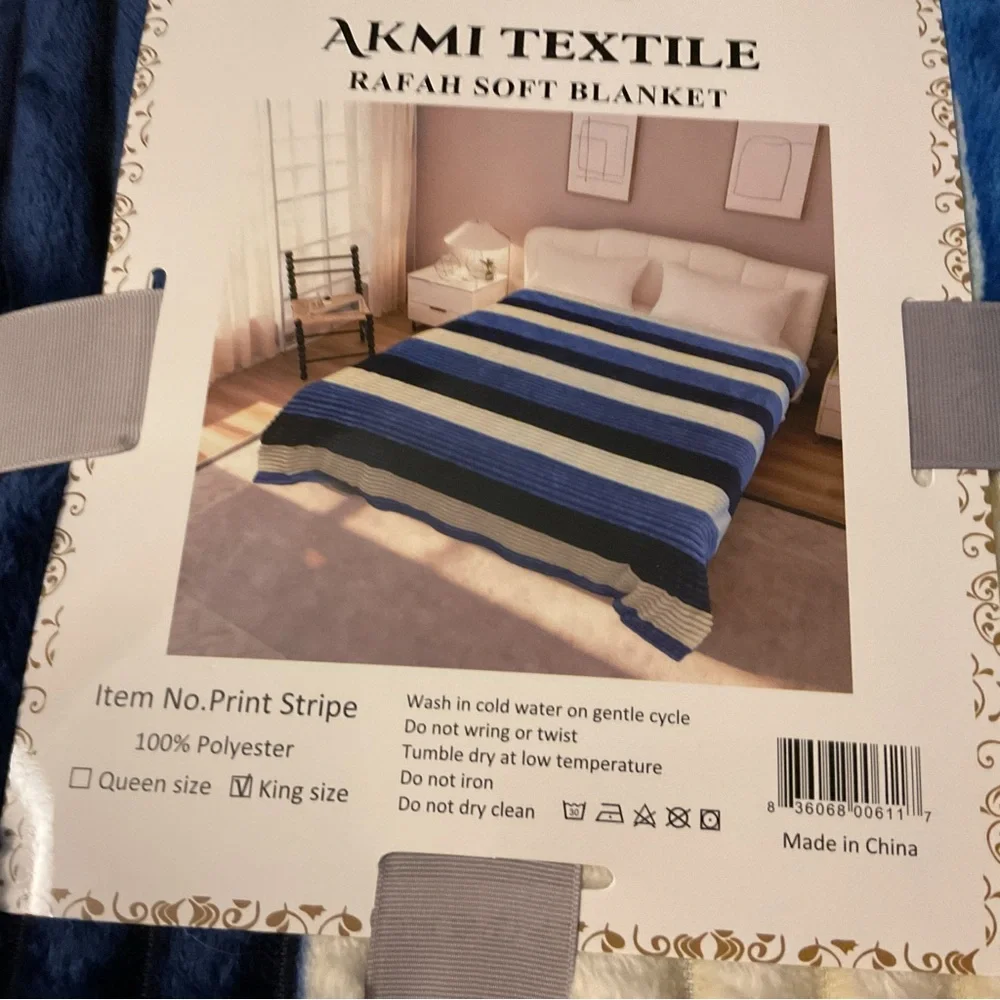 NWT Blue, White, Black striped plush king size Rafah Soft Blanket
